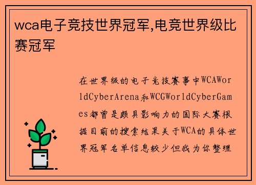 wca电子竞技世界冠军,电竞世界级比赛冠军