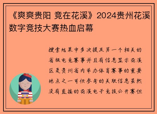 《爽爽贵阳 竞在花溪》2024贵州花溪数字竞技大赛热血启幕